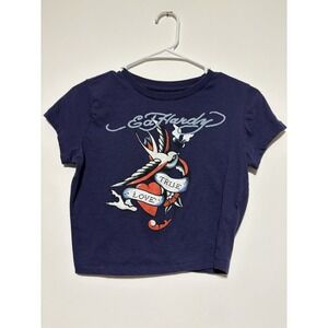 Ed Hardy Shirt Womens Medium Blue True Love Tattoo Graphic Crop Top